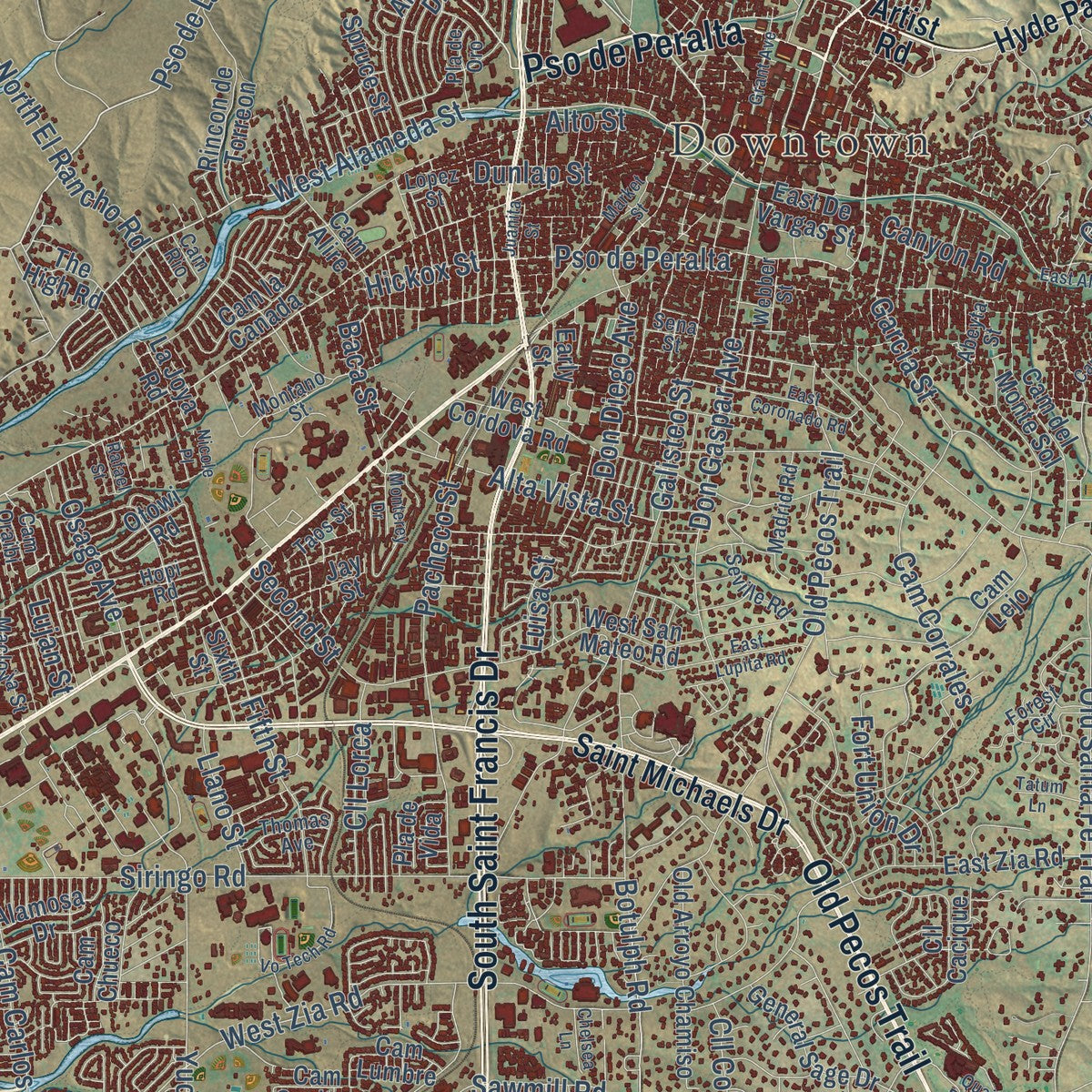 Close-up of the map of Santa Fe, New Mexico print showing street and building detail