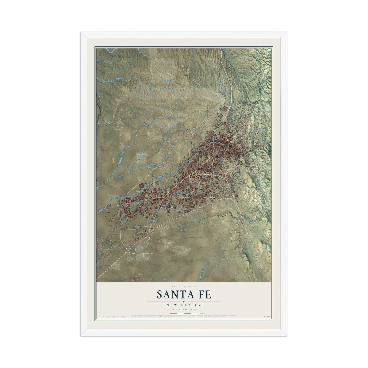 Map of Santa Fe, New Mexico, 12 x 18 inch print in a white wood frame