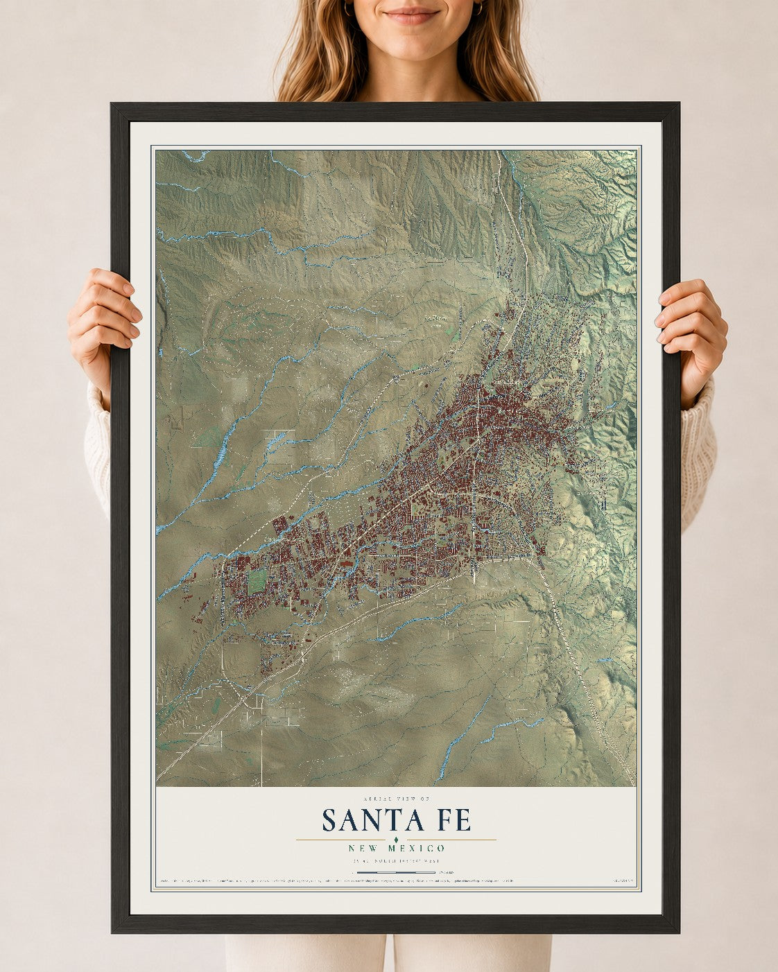 Map of Santa Fe, New Mexico, 24 x 36 inch print in a black wood frame