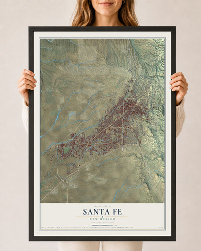 Map of Santa Fe, New Mexico, 24 x 36 inch print in a black wood frame