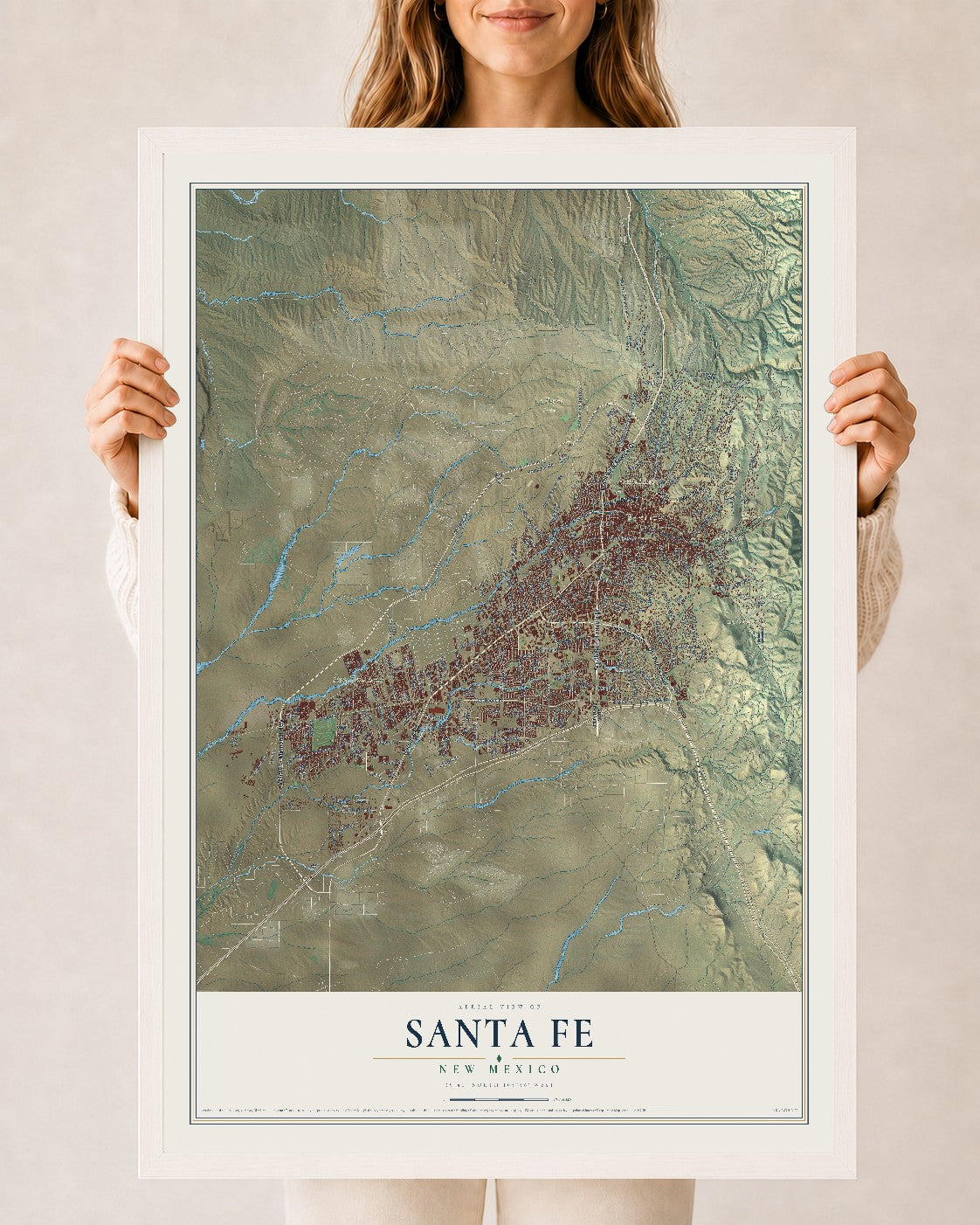 Map of Santa Fe, New Mexico, 24 x 36 inch print in a white wood frame