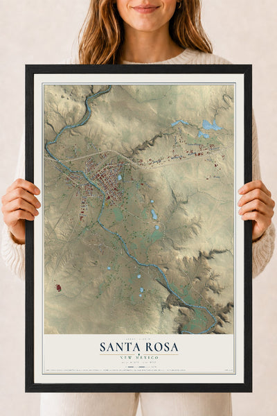 Map of Santa Rosa, New Mexico, 18 x 24 inch print in a black wood frame