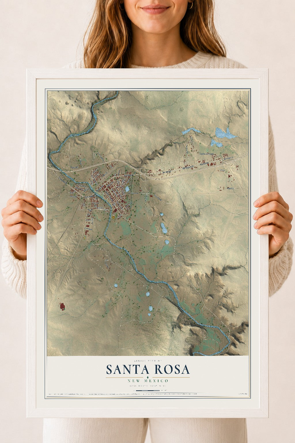 Map of Santa Rosa, New Mexico, 18 x 24 inch print in a white wood frame