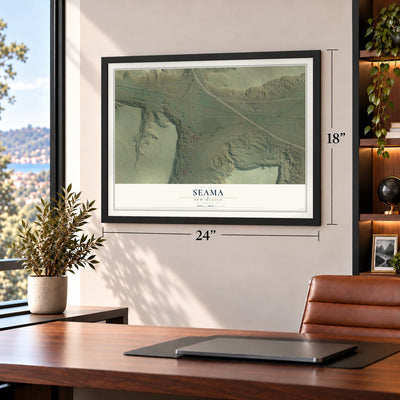 Seama, New Mexico map, 18 x 24 inch print in a black frame in a home office