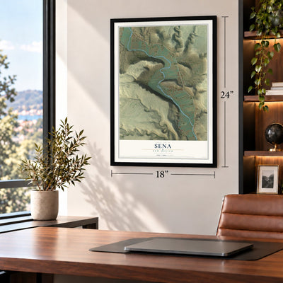 Sena, New Mexico map, 18 x 24 inch print in a black frame in a home office