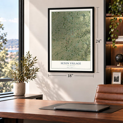 Seton Village, New Mexico map, 18 x 24 inch print in a black frame in a home office