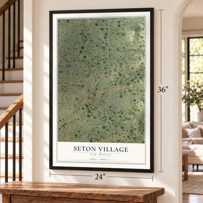 Seton Village, New Mexico map, 24 x 36 inch print in a black frame by a staircase