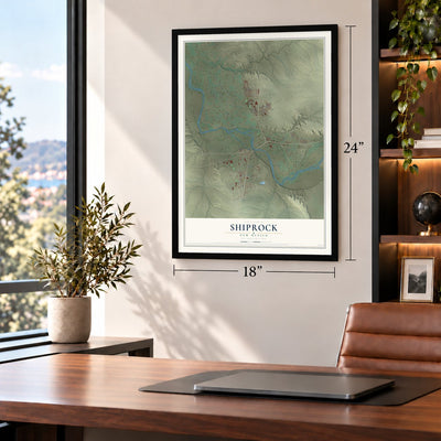 Shiprock, New Mexico map, 18 x 24 inch print in a black frame in a home office