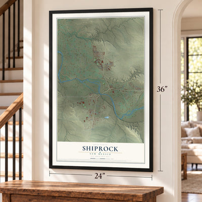 Shiprock, New Mexico map, 24 x 36 inch print in a black frame by a staircase