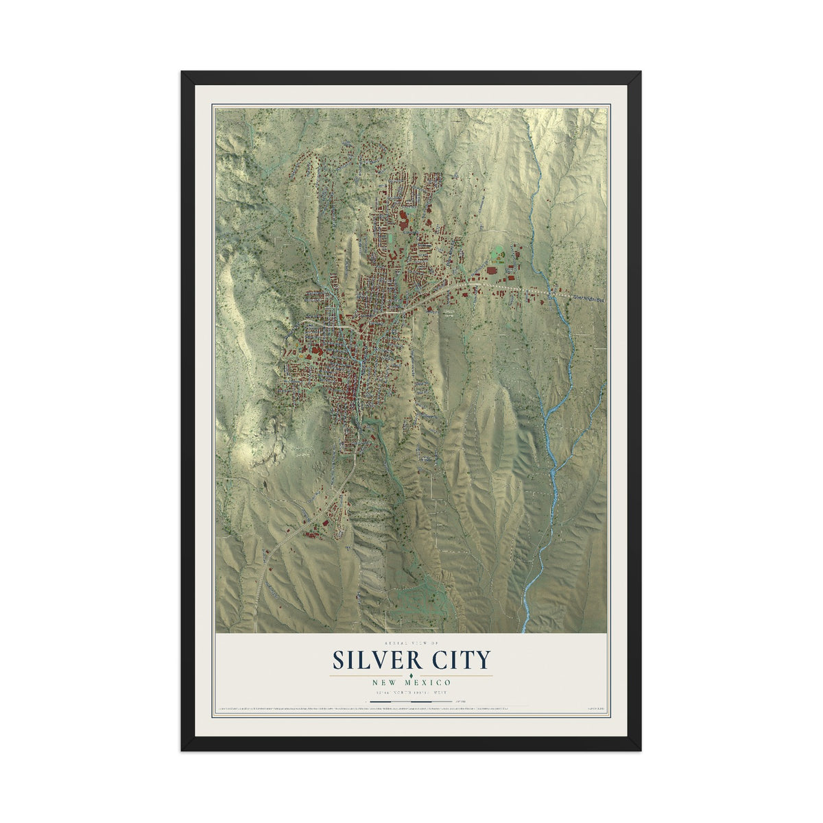 Map of Silver City, New Mexico, 12 x 18 inch print in a black wood frame