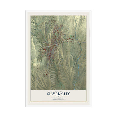Map of Silver City, New Mexico, 12 x 18 inch print in a white wood frame