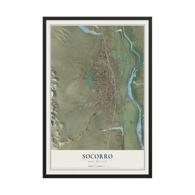 Map of Socorro, New Mexico, 12 x 18 inch print in a black wood frame