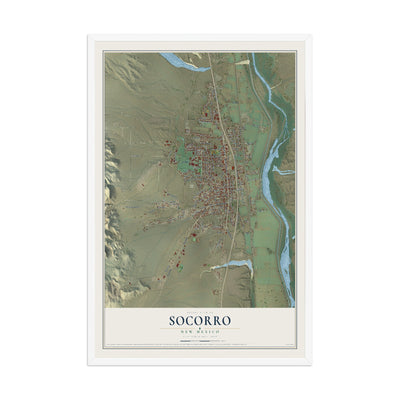Map of Socorro, New Mexico, 12 x 18 inch print in a white wood frame
