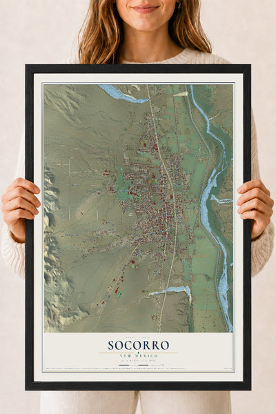 Map of Socorro, New Mexico, 18 x 24 inch print in a black wood frame
