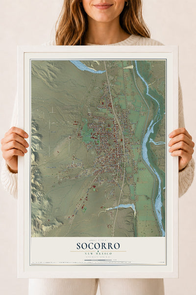 Map of Socorro, New Mexico, 18 x 24 inch print in a white wood frame