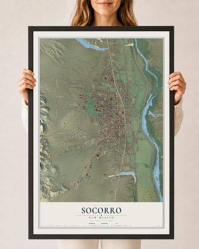 Map of Socorro, New Mexico, 24 x 36 inch print in a black wood frame
