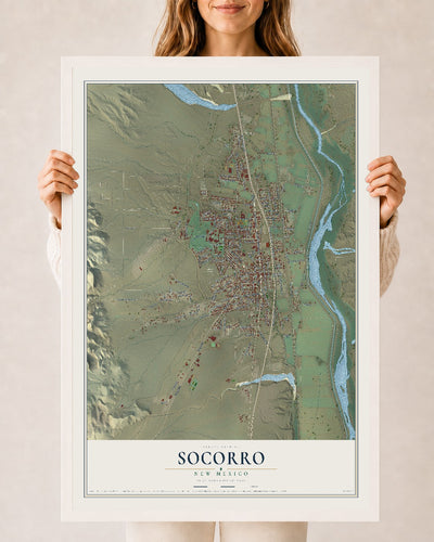 Map of Socorro, New Mexico, 24 x 36 inch print in a white wood frame