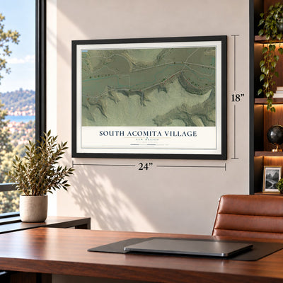 South Acomita Village, New Mexico map, 18 x 24 inch print in a black frame in a home office