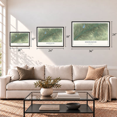 South River, New Mexico map in 12 x 18, 18 x 24 and 24 x 36 inch sizes above a sofa
