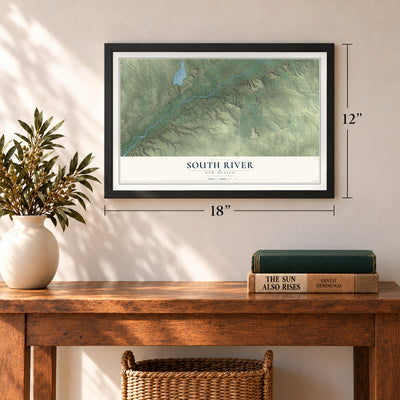 South River, New Mexico map, 12 x 18 inch print in a black frame in an entryway