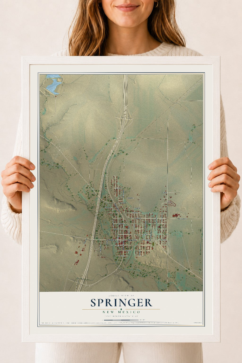 Map of Springer, New Mexico, 18 x 24 inch print in a white wood frame