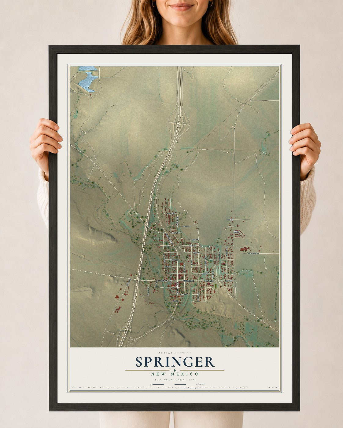 Map of Springer, New Mexico, 24 x 36 inch print in a black wood frame