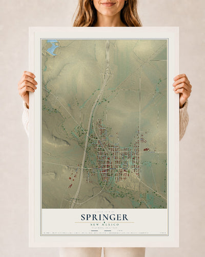 Map of Springer, New Mexico, 24 x 36 inch print in a white wood frame