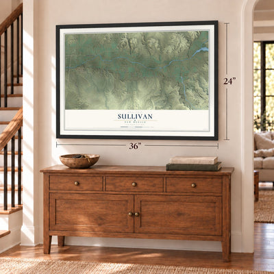 Sullivan, New Mexico map, 24 x 36 inch print in a black frame above a dresser by a staircase