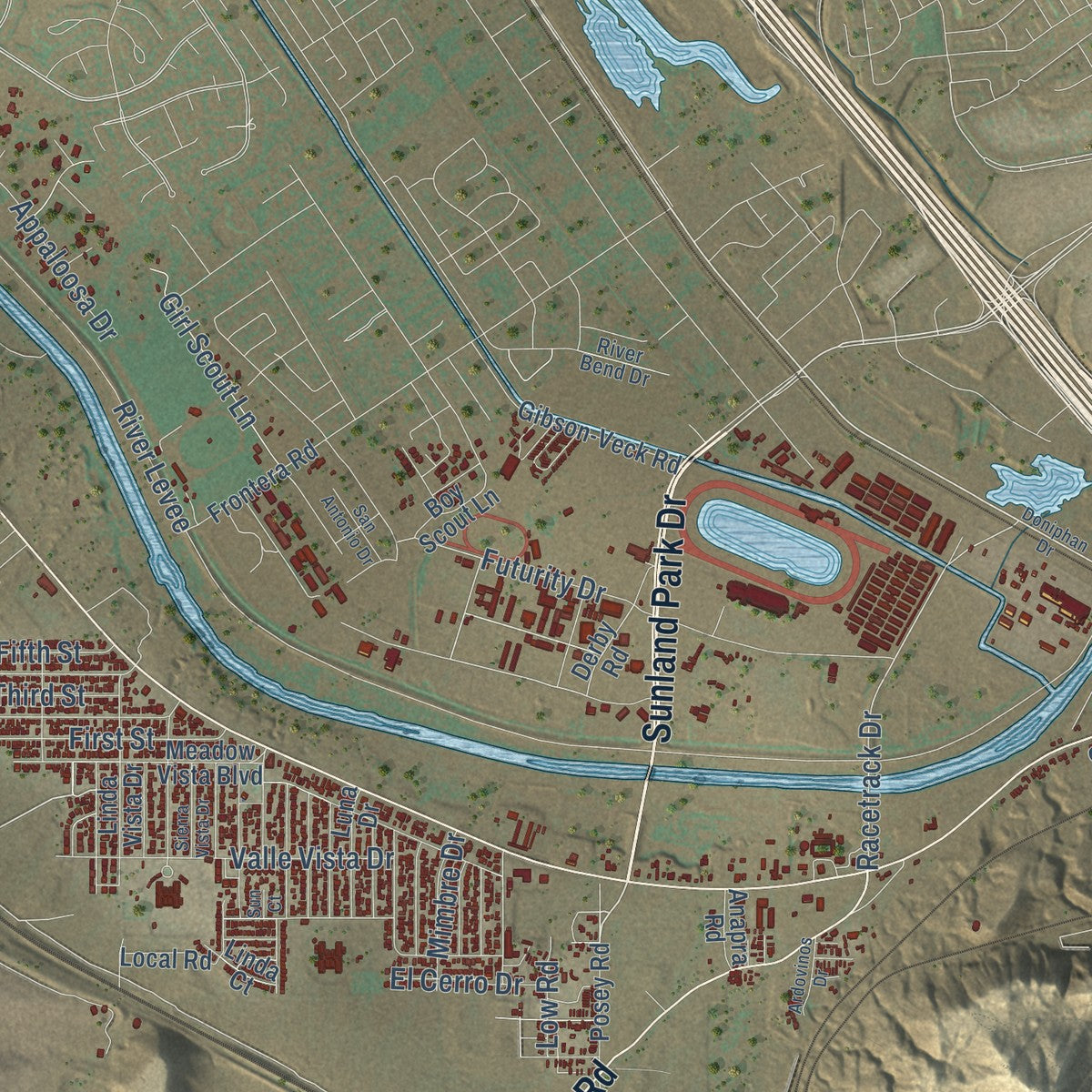 Close-up of the map of Sunland Park, New Mexico print showing street and building detail