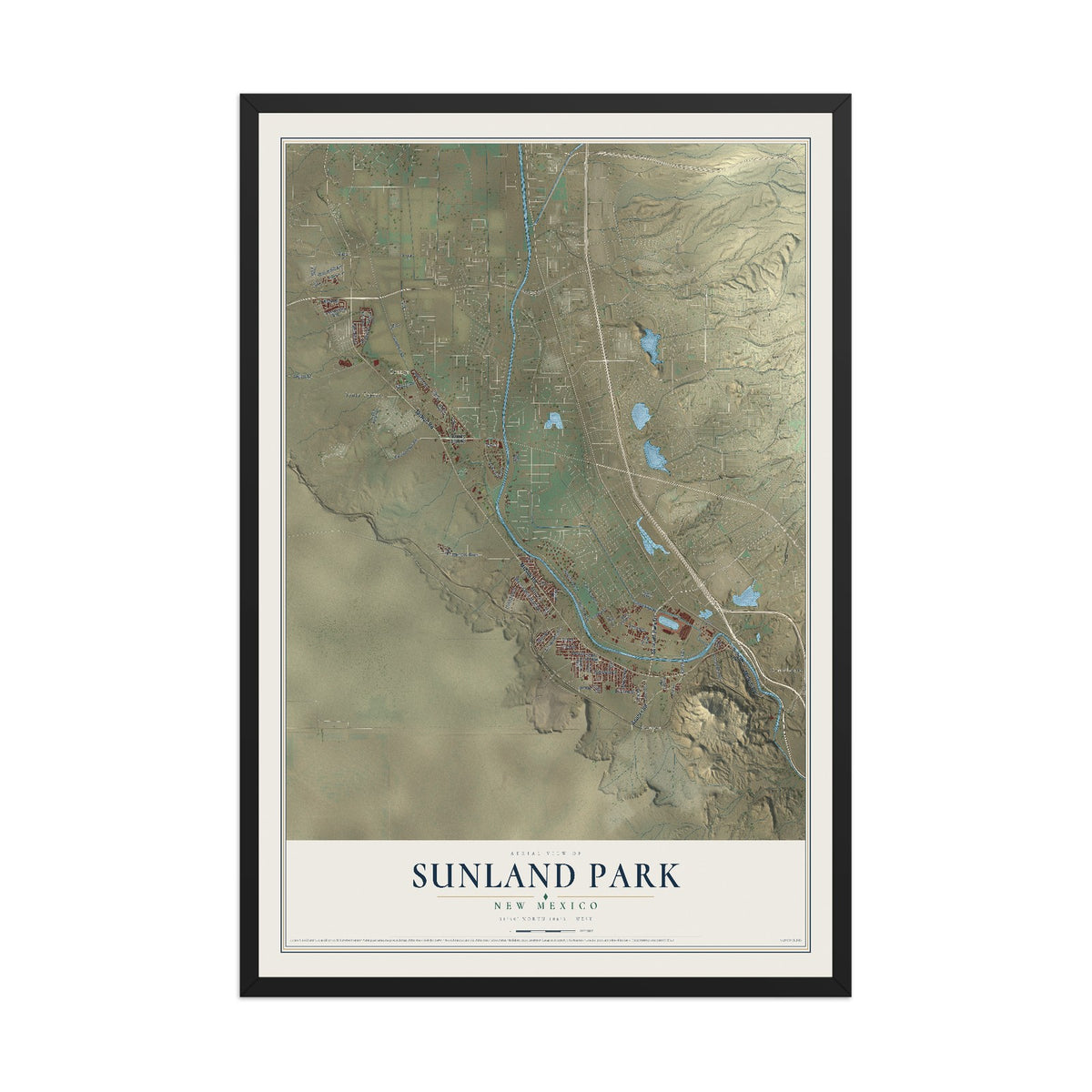 Map of Sunland Park, New Mexico, 12 x 18 inch print in a black wood frame