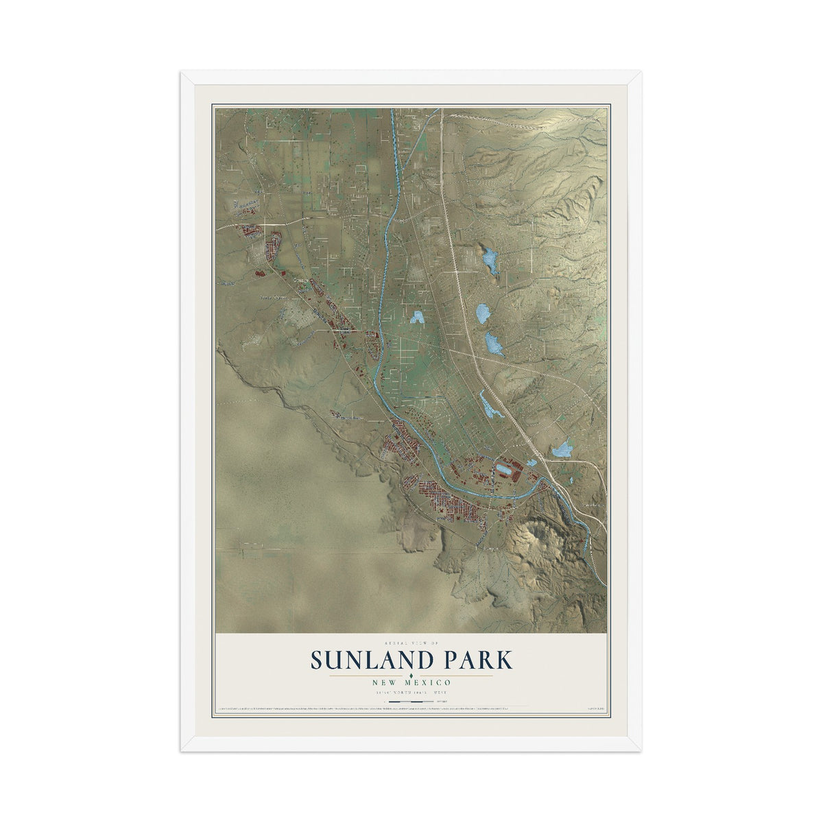Map of Sunland Park, New Mexico, 12 x 18 inch print in a white wood frame