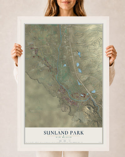 Map of Sunland Park, New Mexico, 24 x 36 inch print in a white wood frame