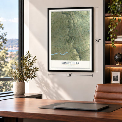 Sunlit Hills, New Mexico map, 18 x 24 inch print in a black frame in a home office