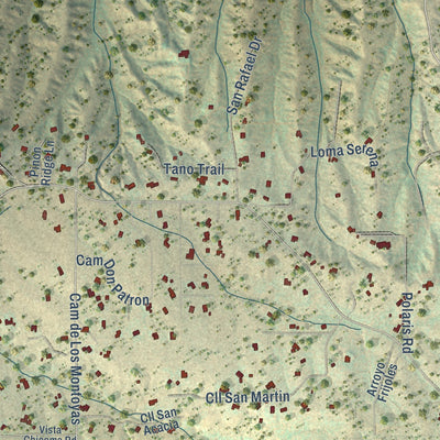 Close-up of the map of Tano Road, New Mexico print showing street and building detail