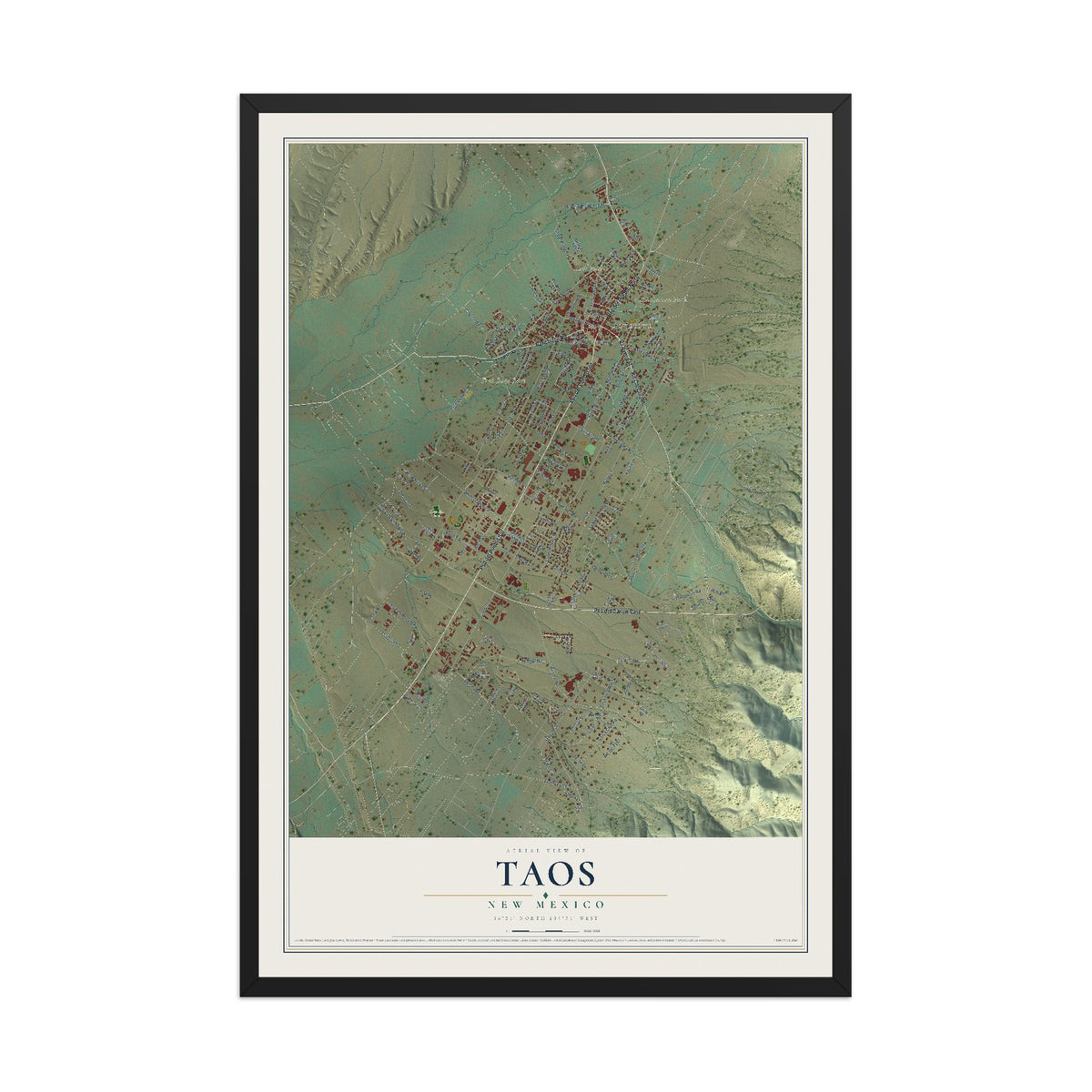 Map of Taos, New Mexico, 12 x 18 inch print in a black wood frame