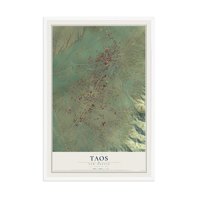 Map of Taos, New Mexico, 12 x 18 inch print in a white wood frame