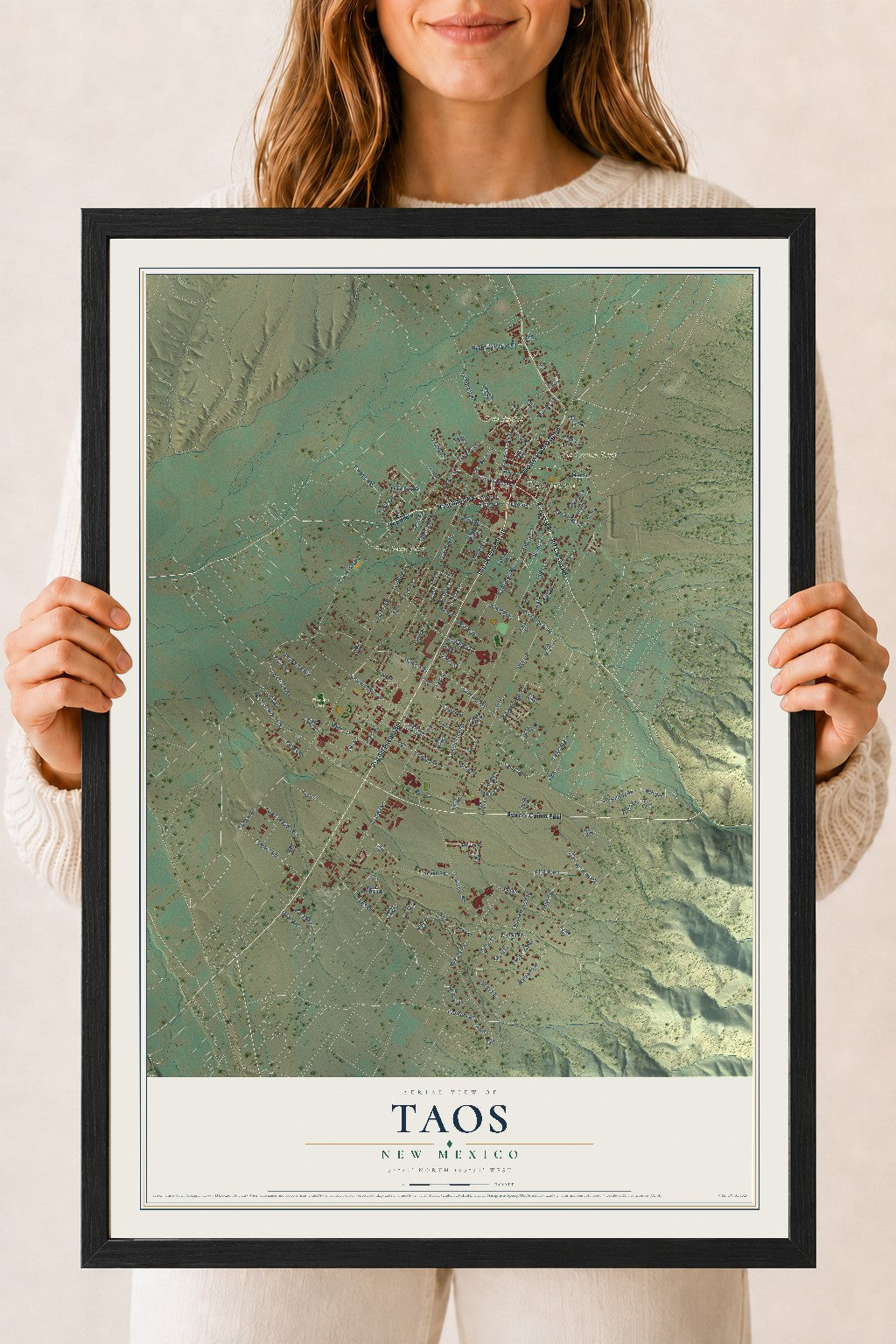 Map of Taos, New Mexico, 18 x 24 inch print in a black wood frame