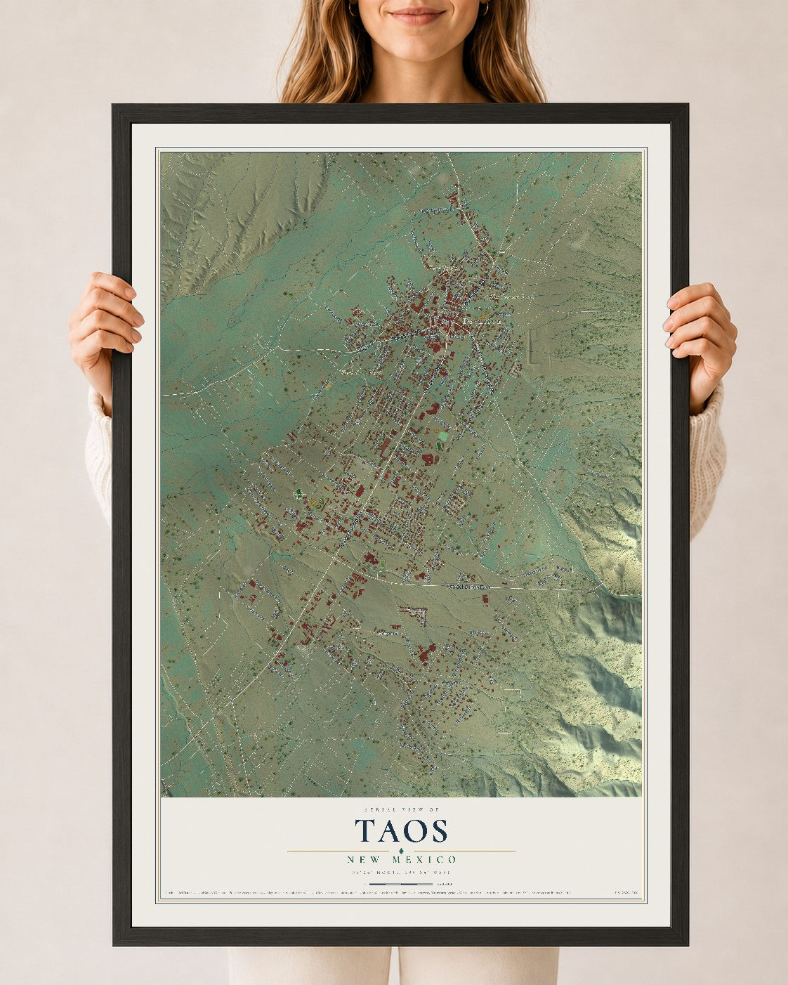 Map of Taos, New Mexico, 24 x 36 inch print in a black wood frame
