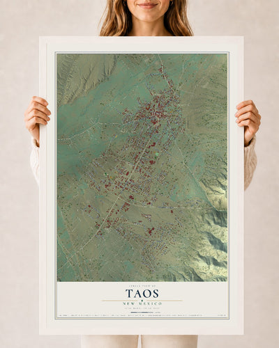 Map of Taos, New Mexico, 24 x 36 inch print in a white wood frame