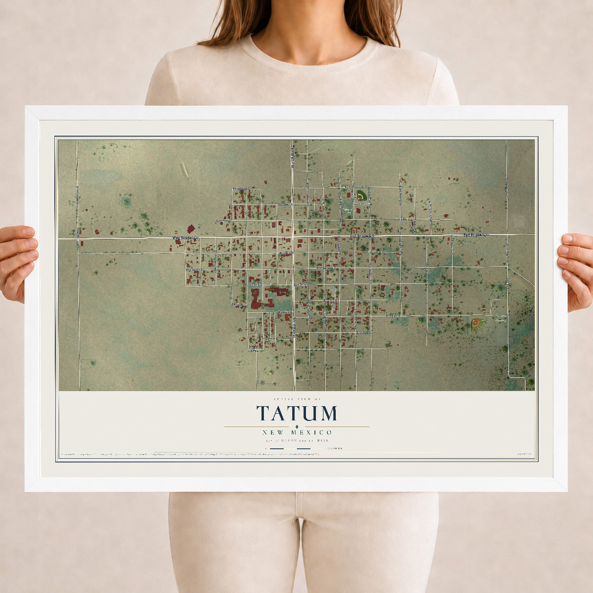 Map of Tatum, New Mexico, 18 x 24 inch print in a white wood frame