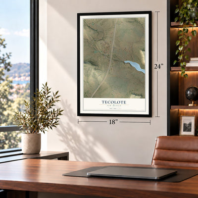 Tecolote, New Mexico map, 18 x 24 inch print in a black frame in a home office