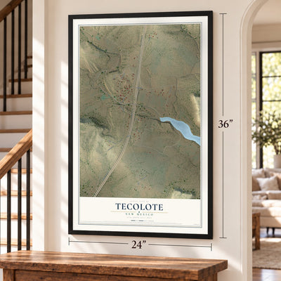 Tecolote, New Mexico map, 24 x 36 inch print in a black frame by a staircase