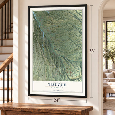 Tesuque, New Mexico map, 24 x 36 inch print in a black frame by a staircase