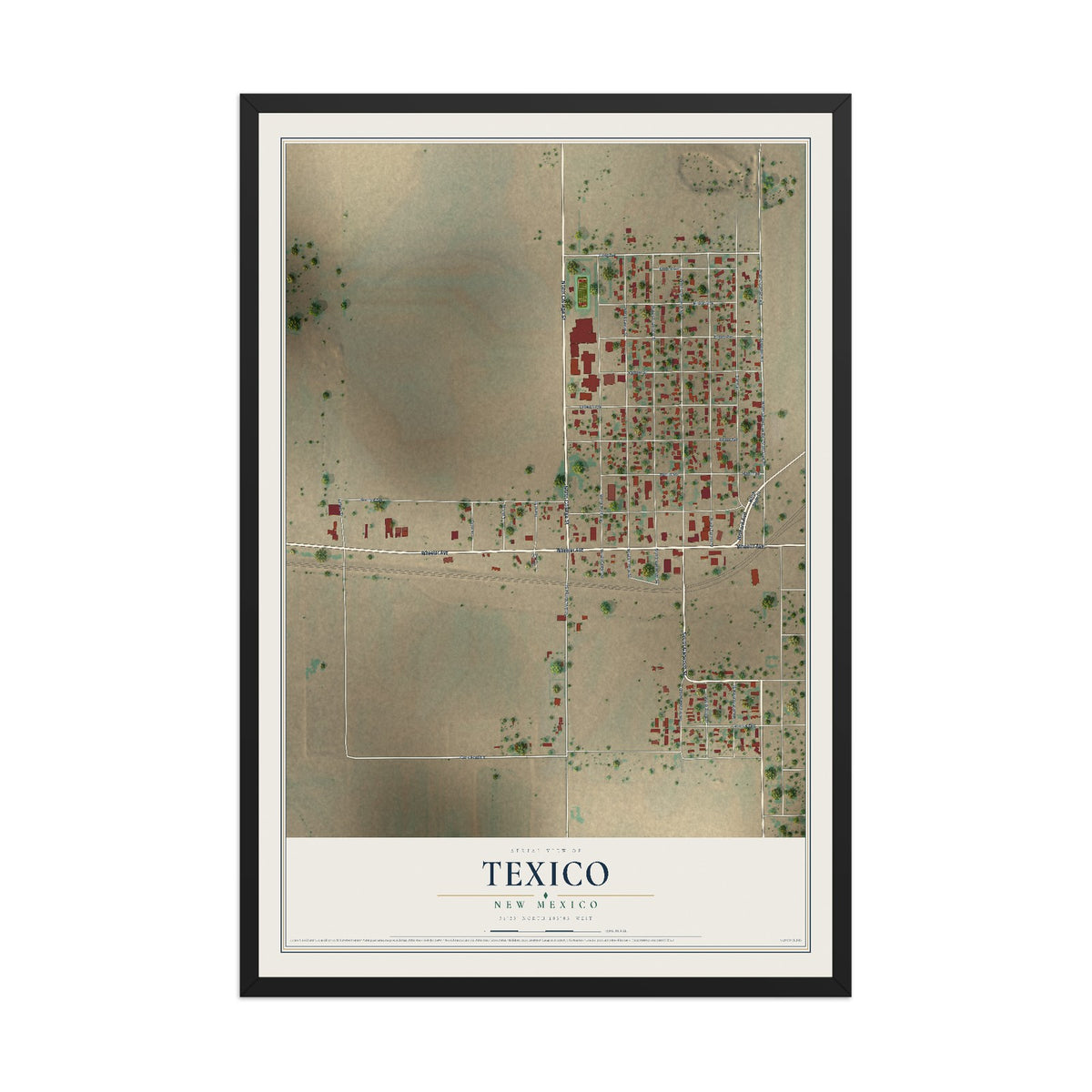 Map of Texico, New Mexico, 12 x 18 inch print in a black wood frame