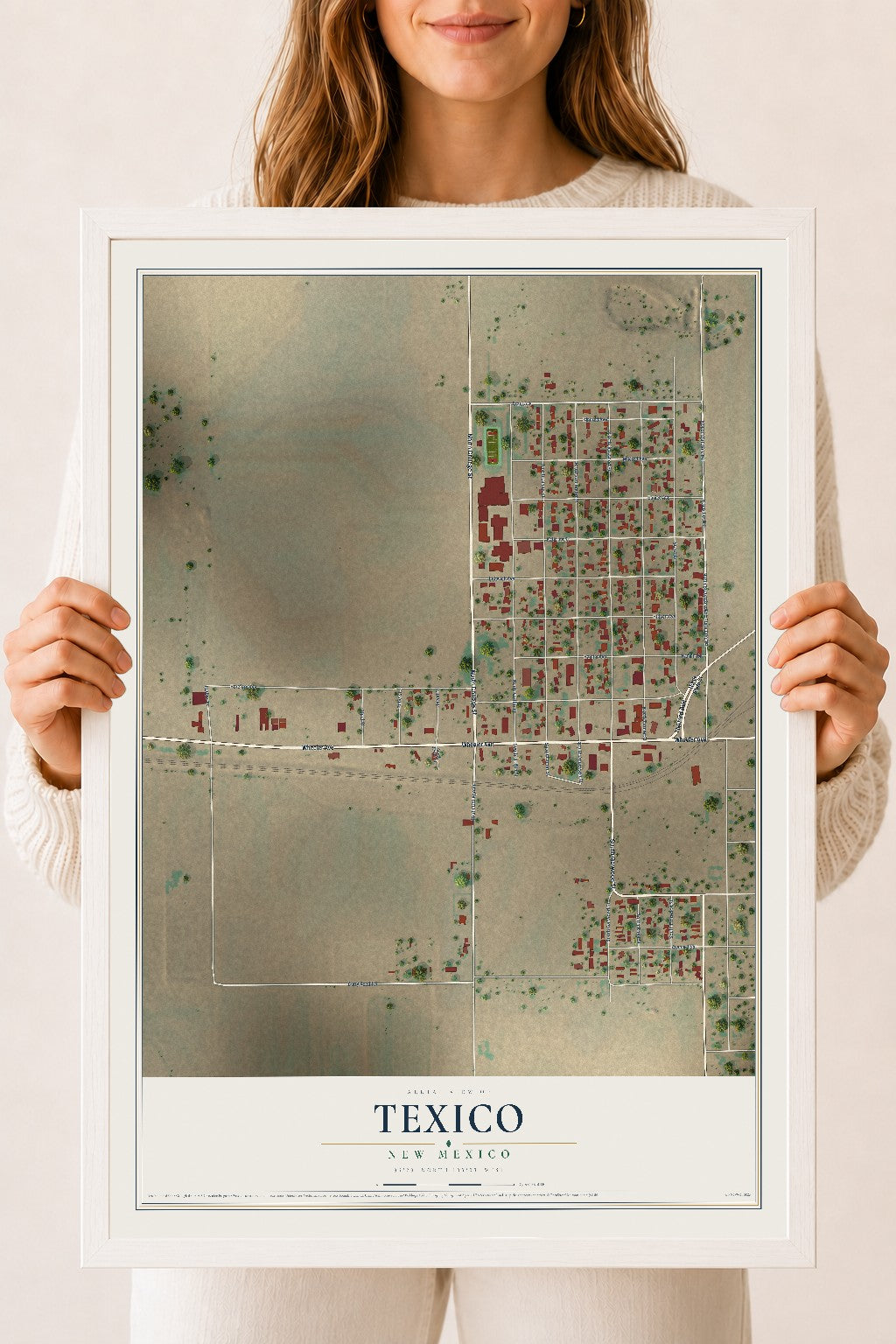Map of Texico, New Mexico, 18 x 24 inch print in a white wood frame