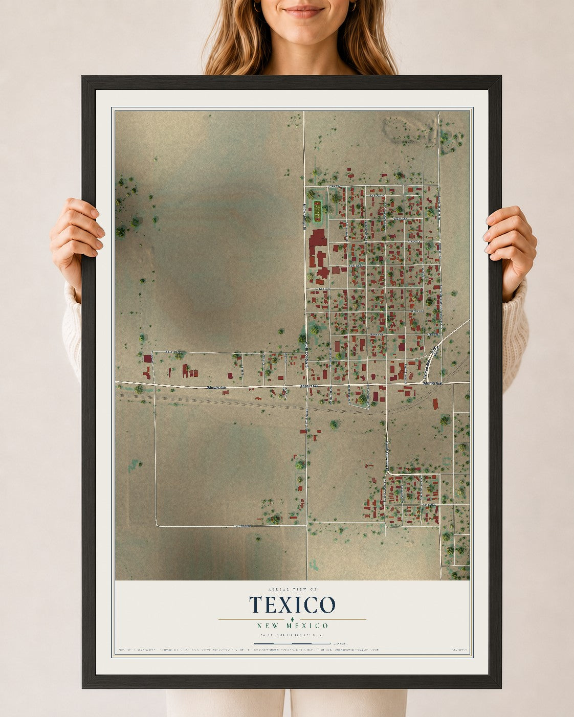 Map of Texico, New Mexico, 24 x 36 inch print in a black wood frame