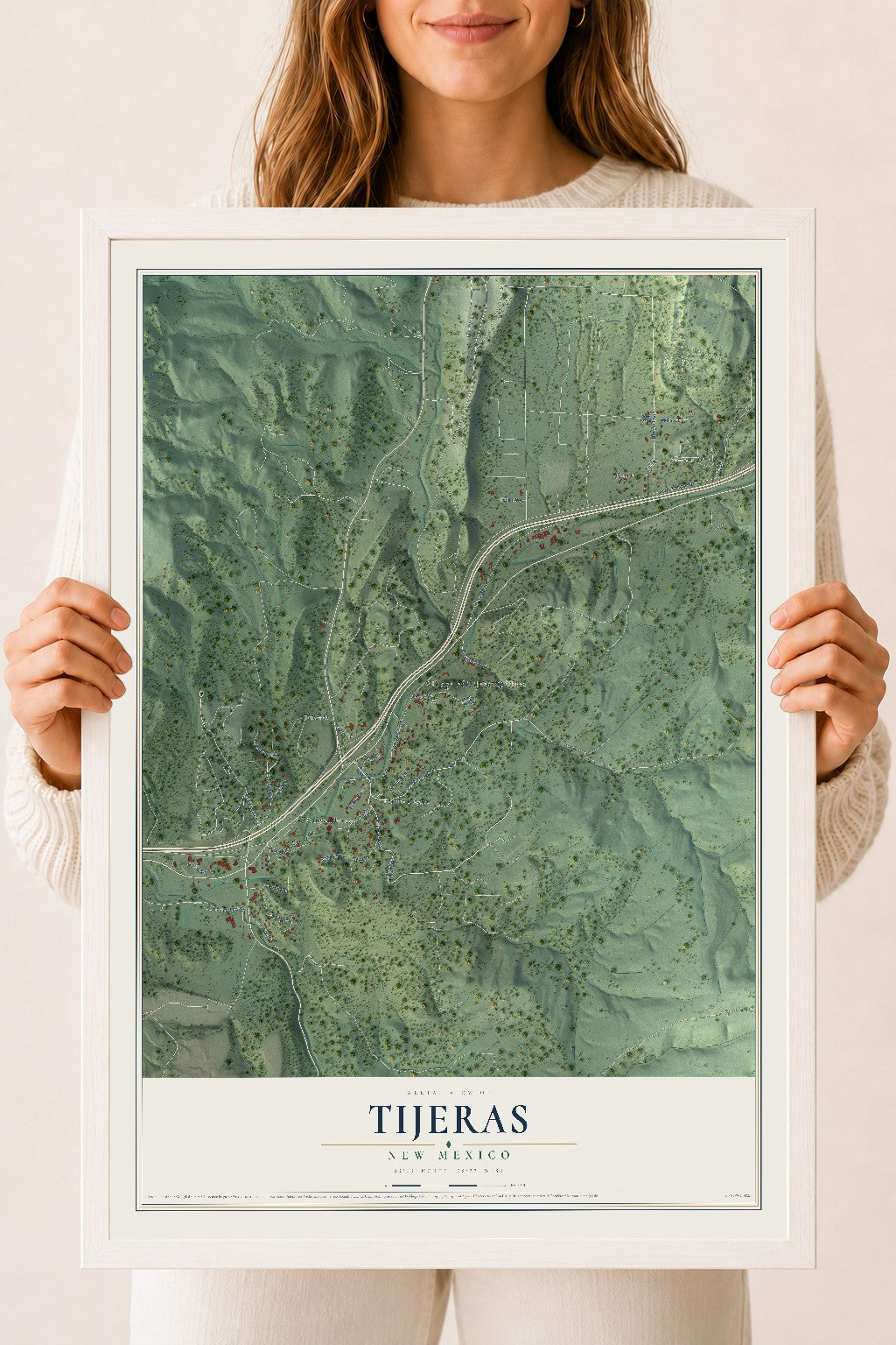 Map of Tijeras, New Mexico, 18 x 24 inch print in a white wood frame