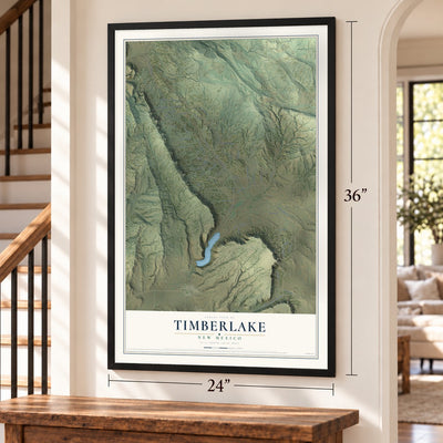 Timberlake, New Mexico map, 24 x 36 inch print in a black frame by a staircase
