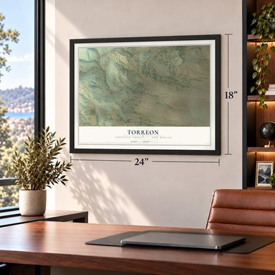 Torreon, New Mexico map, 18 x 24 inch print in a black frame in a home office