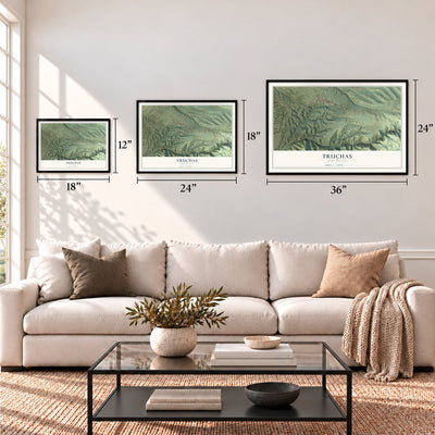 Truchas, New Mexico map in 12 x 18, 18 x 24 and 24 x 36 inch sizes above a sofa